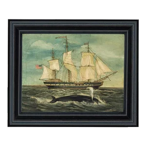 Whaling Ship With Whale Print Behind Glass in Black Wood Frame