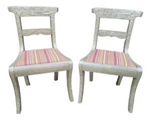 Pressed Metal Covered Chairs With Upholstered Seats - a Pair