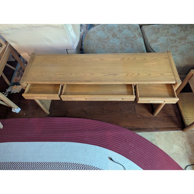 1980s Thomasville 4 Piece Light Oak Living Room Tables: 2 End Tables, Sofa Console Table and Square Glass Coffee Table For Sale - Image 12 of 13