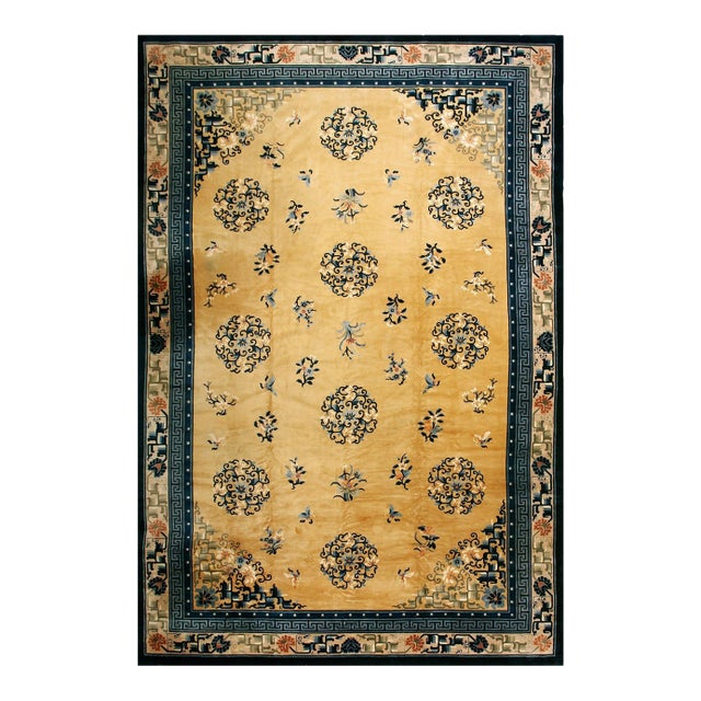 Excellent Light Yellow and Blue Color With Special Florid Design Vintage Chinese Peking Rug For Sale