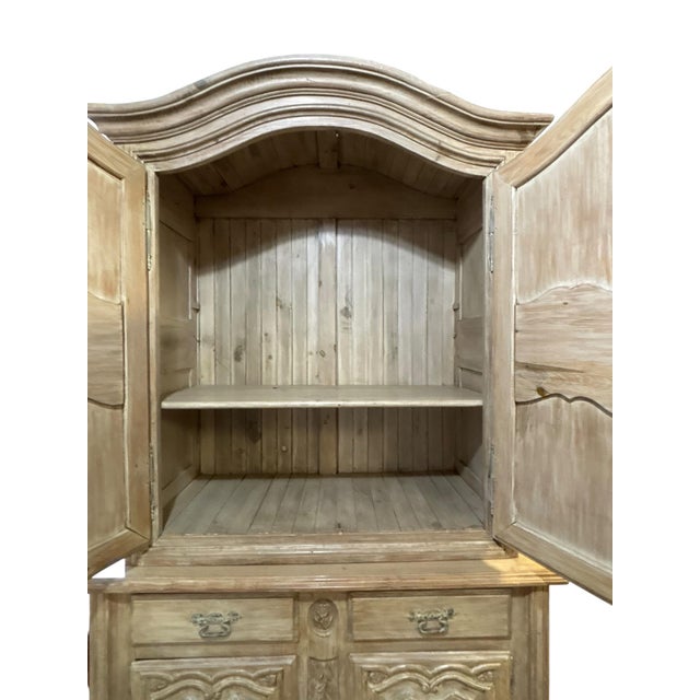French Provincial French Provincial Bleached Oak Buffet À Deux Corps Cabinet With Carved Fruit Basket Doors For Sale - Image 3 of 12