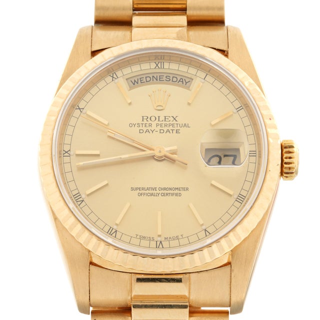 Modern Vintage Rolex Day-Date 18k Gold Watch, Champagne Dial, Circa 1979 For Sale - Image 3 of 14