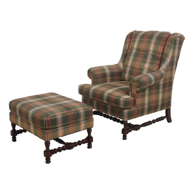 Southwood Plaid Upholstered Country Wing Chair & Ottoman For Sale
