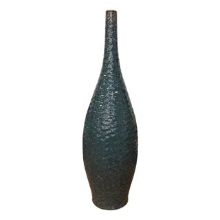Glazed Teal & Amber Textured Ceramic Vase with Narrow Neck For Sale