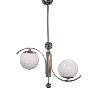 Vintage Art Deco Chrome Pendant Light with Opaline Glass, 1930s For Sale