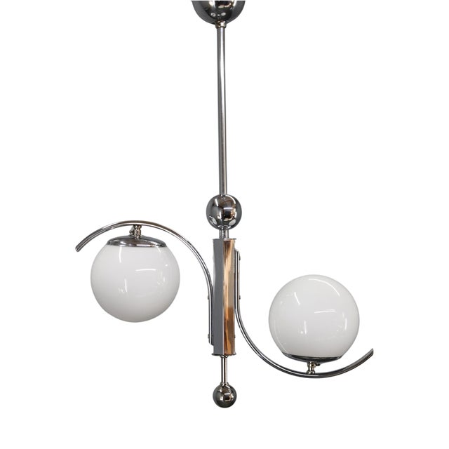 Vintage Art Deco Chrome Pendant Light with Opaline Glass, 1930s For Sale