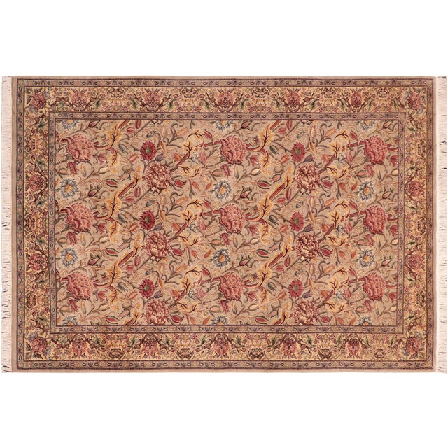 Taupe Shabby Chic Floral 1990's Pak-Persian Taupe/Gold Wool Rug - 5'11'' X 9'1'' For Sale - Image 8 of 9