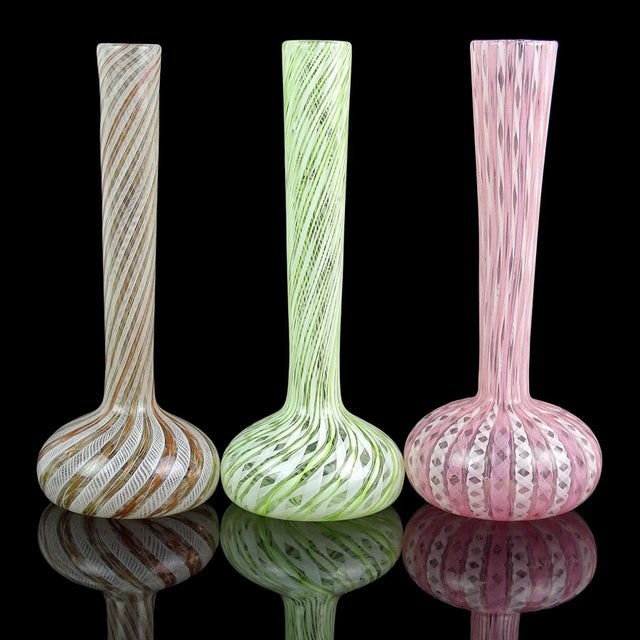 Glass Vintage Murano Fratelli Toso Green White Swirl Ribbons Italian Art Glass Soliflore Long Neck Flower Vase For Sale - Image 7 of 7