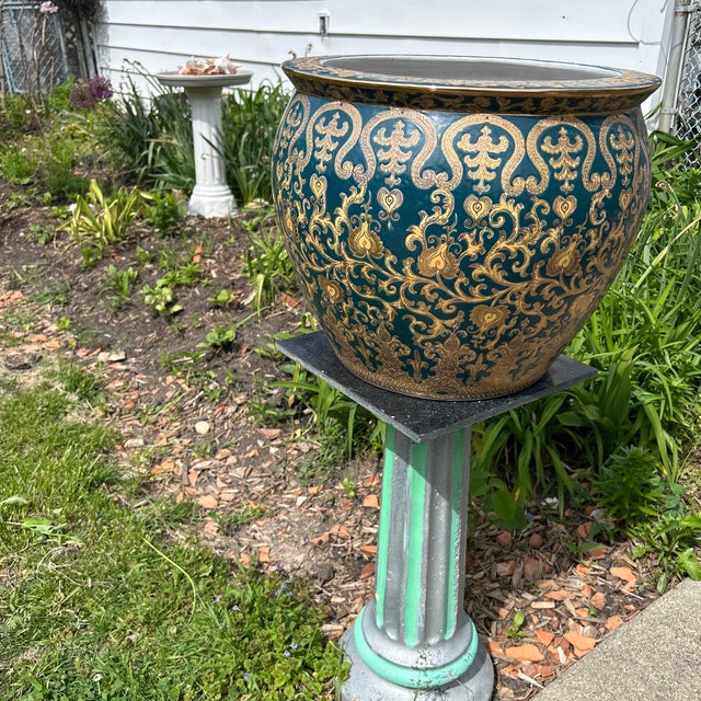 Antique Very Large Chinoiserie Enameled Porcelain Emerald Green With 24k Gold Koi Fish Planter/Jardiniere For Sale - Image 12 of 12