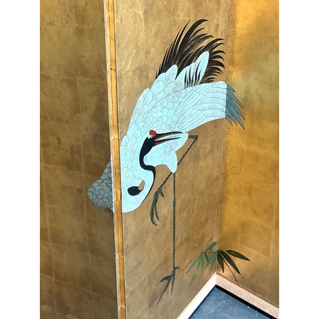 Late 20th Century Vintage Asian Gold Leaf Crane Folding Screen For Sale - Image 5 of 12