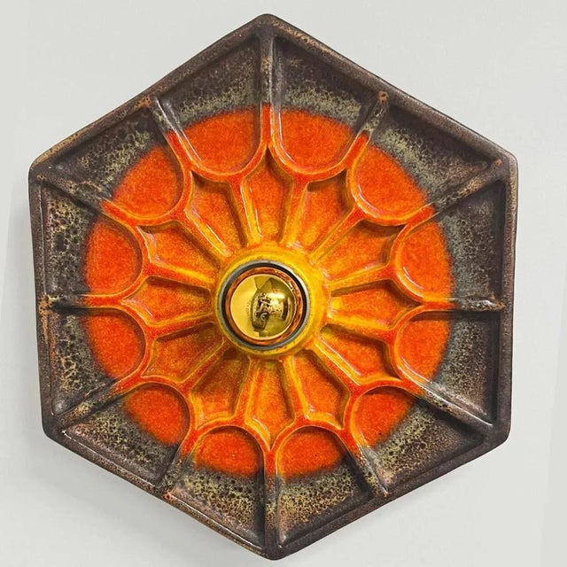 German Orange Hex-Shaped Ceramic Wall Lights, 1970, Set of 2 For Sale - Image 4 of 10