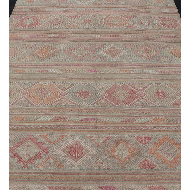 Colorful Vintage Embroidered Kilim With Stripes and Alternating Geometric Motifs 6'9 X 9'3 For Sale In Atlanta - Image 6 of 13