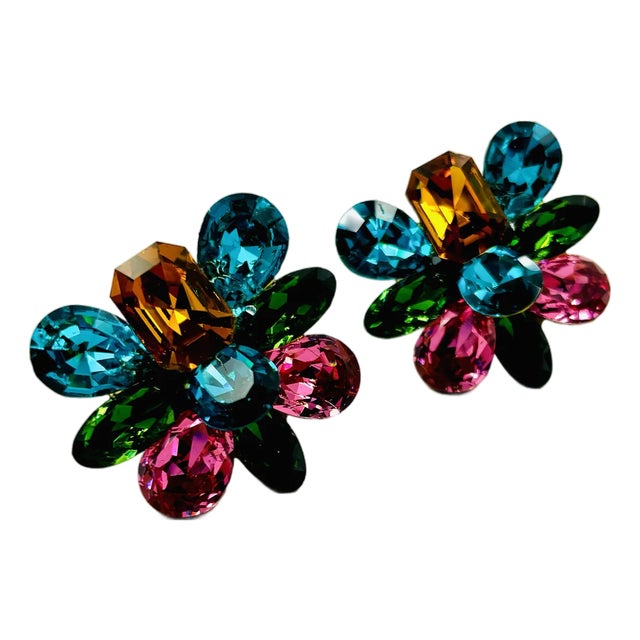 Wendy Gell 80s One of a Kind Runway Crystal Gem Earrings For Sale