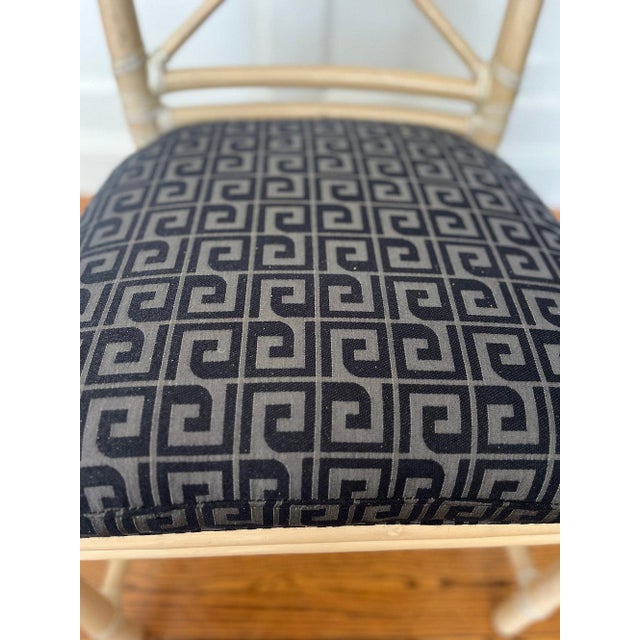Wood 1980s McGuire Rattan Target Back Chairs with Thibaut Greek Key Upholstery, Set of 4. For Sale - Image 7 of 8