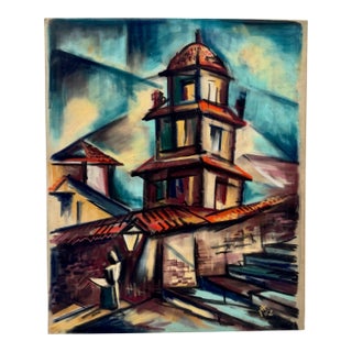 Henry Emil Salloch Original Pastel on Paper Expressionist Village With Tower, 1962. For Sale
