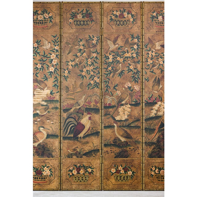 Six-Panel Leather Screen with Birds, Flowers, and Roosters - Vintage For Sale - Image 11 of 12