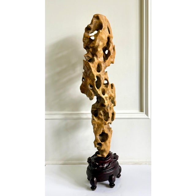 Tall Elegant Chinese Scholar Rock Yellow Taihu Stone on Wood Stand For Sale - Image 16 of 18