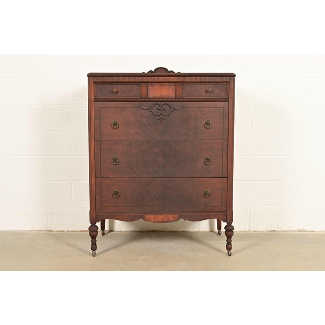 Berkey & Gay Style French Regency Louis XVI Carved Burled Walnut Highboy Dresser, Circa 1920s For Sale - Image 16 of 16