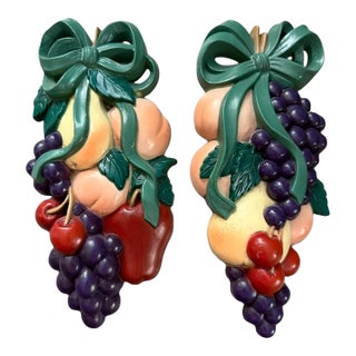 Vintage 1995 Burwood Products Co. Fruit Wall Plaques Set of 2 | Grapes, Peaches & Cherries For Sale