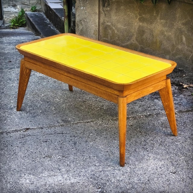 Wood Coffee Table in Oak with Yellow Tiled Top, France, 1950s For Sale - Image 7 of 18