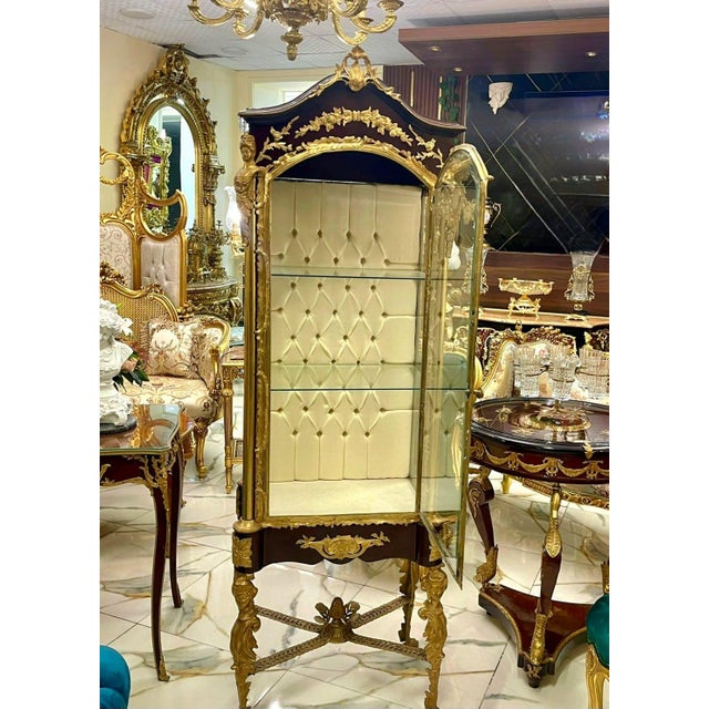 French French Louis XVI Display Vitrine With Gold Leaf Details, Tufted Interior & Glass Shelves For Sale - Image 3 of 7