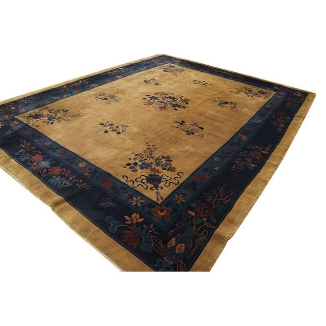 1920s 1920s Camel Floral Modern Antique Chinese Art Deco Knotted Wool Rug 9' X 11'8" For Sale - Image 5 of 9