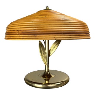 Mid-Century Pencil Reed Rattan Bamboo and Brass Flower Table Desk Lamp, Italy, 1980s For Sale