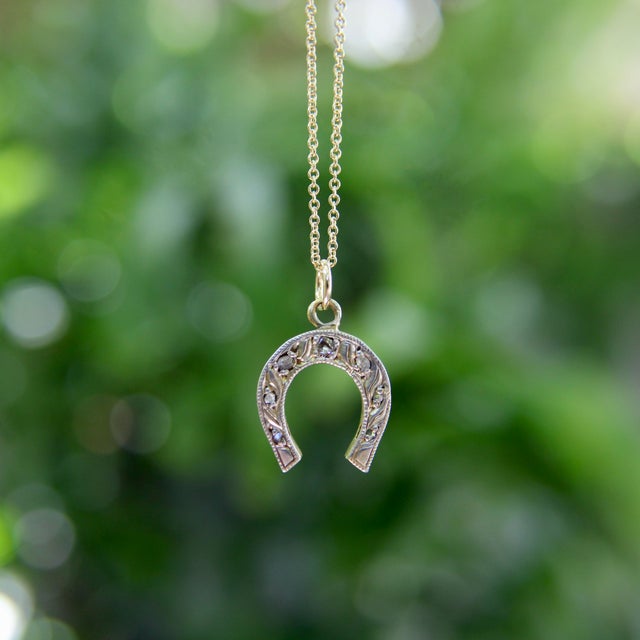 Silver Late 19th Century Victorian 14k Gold With Silver Front Diamond Horseshoe Charm or Pendant For Sale - Image 8 of 9