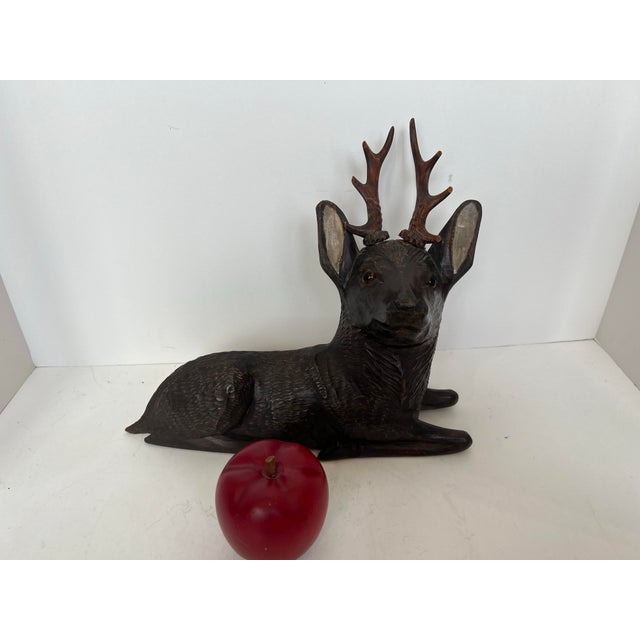 Vintage Black Forest Style Hand Carved Wood Stag Deer Sculpture With Antlers For Sale - Image 12 of 12