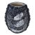 A sculptural Chinese ceramic vase rendered in deep tenmoku cobalt glaze, its surface alive with a dynamic fossil fish...