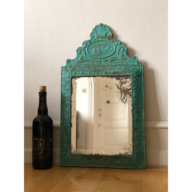 Green Antique Embossed Pressed-Metal (Tole) Mirror With a Green Patina Finish and Gilt Highlights Rococo For Sale - Image 8 of 10