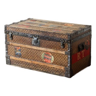 Antique Damier Steamer Trunk with Hotel Labels and Initials from Louis Vuitton, 1890s For Sale