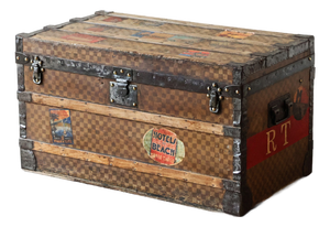 Antique Damier Steamer Trunk with Hotel Labels and Initials from Louis Vuitton, 1890s