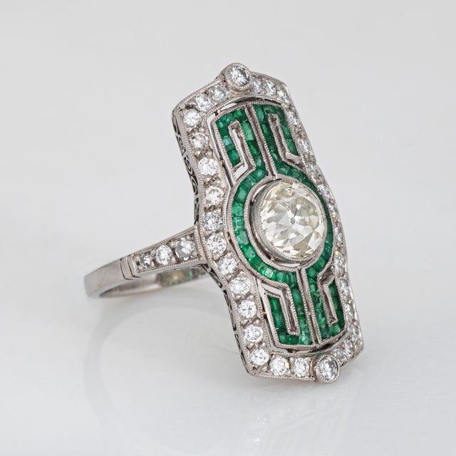 Art Deco Vintage Art Deco 2.16ct Diamond Ring Calibre Emeralds Sz 7 Platinum Elongated For Sale - Image 3 of 7