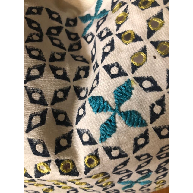 Boho Chic Mughal Blue Mahalaxmi Fabric Pillows by Seemakirch Bolsters- a Pair For Sale - Image 3 of 7