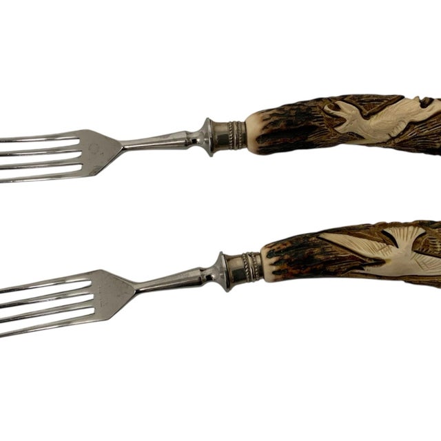 Vintage German Hand-Carved Stag Antler Hunting Dinner Forks Set of 7 Made in Germany c. 1950-1970. Each approximately 7...