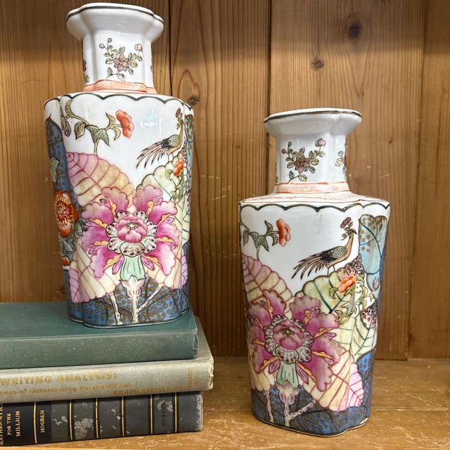 Pink Gorgeous Pair of Floral Pink and Blues Vases Early 19 Century Chinese Guangxu Period Attributing the 17c Qianlong For Sale - Image 8 of 9
