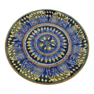 1990s Hand-Painted Geometric Blue Design Decorative Plate by Bristow Potteries Malta For Sale