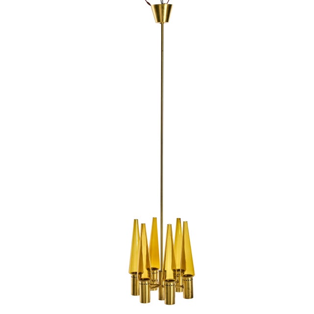 Brass ceiling lamp with brown/gold/ amber colored glass domes. The brass has a certain age-related patina. Please see...