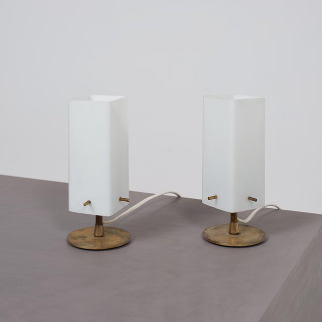 1950s Italian Opaline Glass and Brass Bedside Table Lamps, Set of 2 For Sale - Image 6 of 9