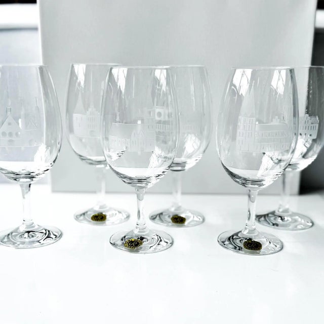 Set of 6 Carl Rotter Lubeck wine glasses, made in Germany Crafted from fine crystal with detailed architectural etching of...