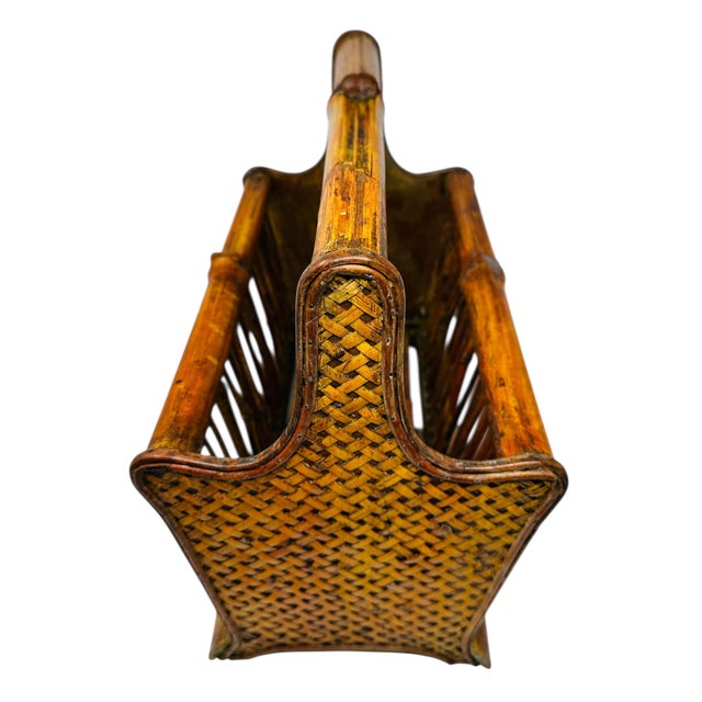 1980s Vintage 80s Bamboo & Rattan Magazine Rack | Mid-Century Boho Decor | Record Holder | Natural Wood Storage Basket For Sale - Image 5 of 13