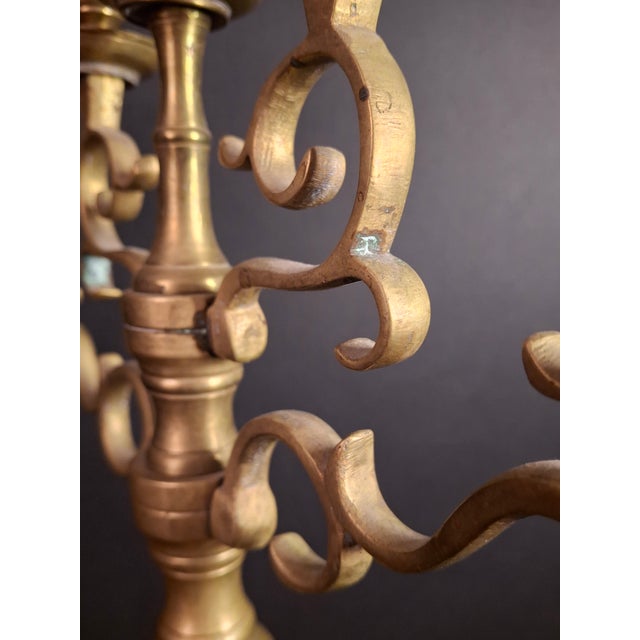 Antique Polish Brass 5 Light Sabbath Candelabra 19th C Judaica Menorah Candle For Sale - Image 14 of 18