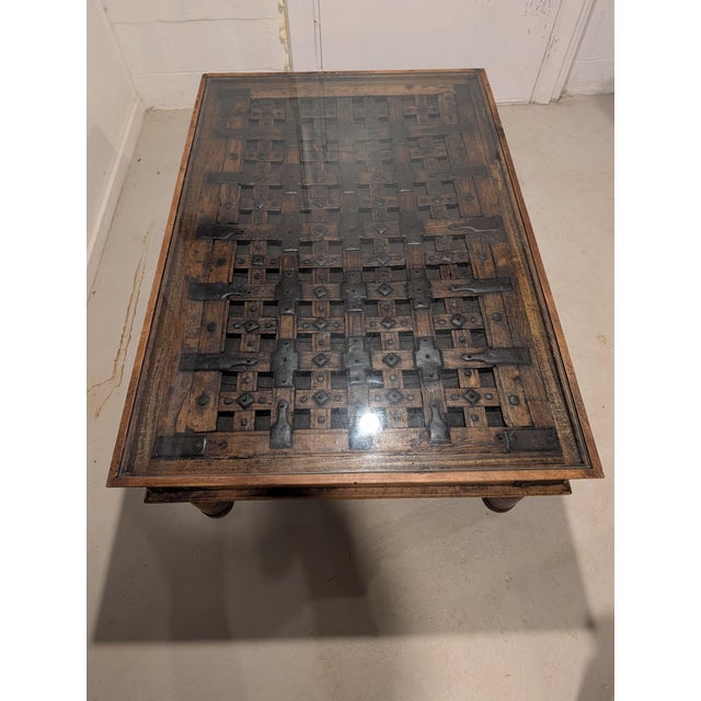 Late 20th Century Repurposed Indian Courtyard Door Coffee Table With Hand-Forged Iron Hardware & Glass Top For Sale In New York - Image 6 of 6
