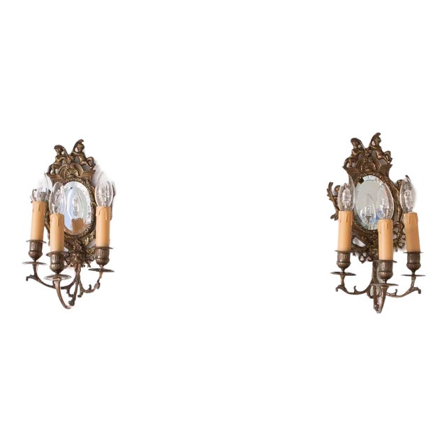 Antique French Wall Lights with Mirror, 1800s, Set of 2 For Sale
