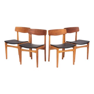 Mid Century Danish Teak Wood & Black Vinyl Dining Chairs For Sale