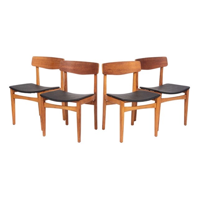 Mid Century Danish Teak Wood & Black Vinyl Dining Chairs For Sale