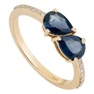 Modern 14k Gold Toi Et Moi Ring Size 6 With 1.45ct Blue Sapphire & Diamonds For Sale