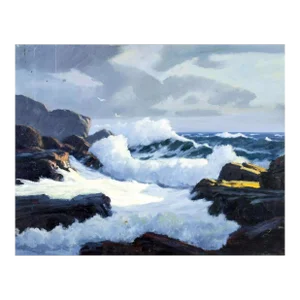 Early 20th Century Rocky Seashore Antique Landscape Oil Painting, George Holloway