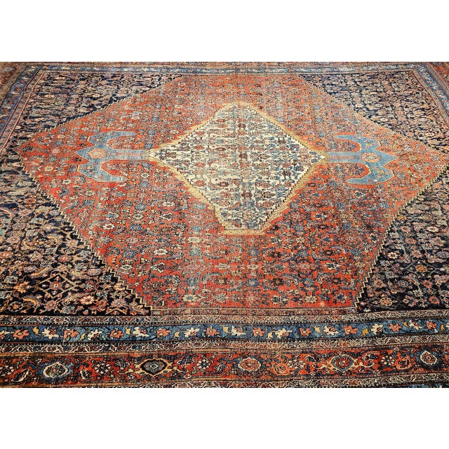 19th Century Oversized Persian Bidjar Rug, Hand-Knotted Wool, Geometric Herati Pattern, Red & Blue, 13x18 For Sale - Image 9 of 18
